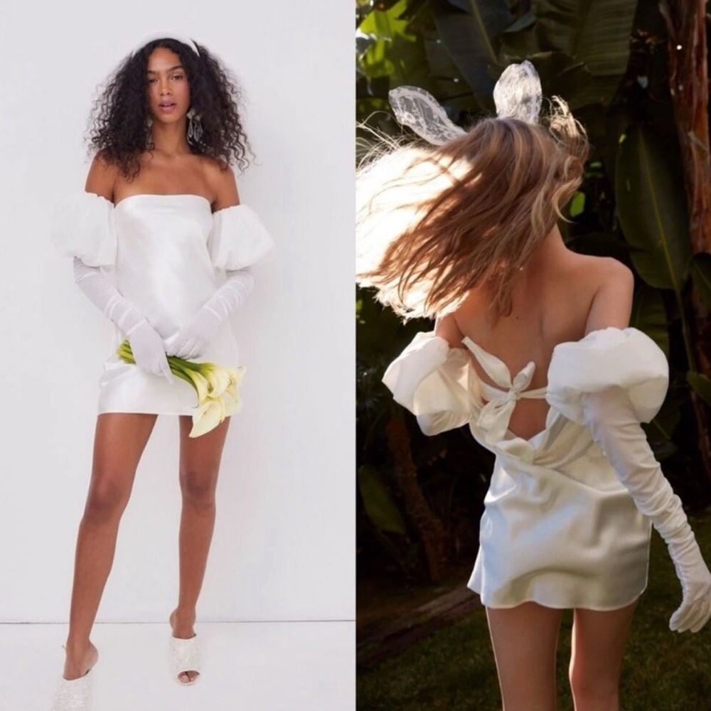 For Love & Lemons Hazel Puff Sleeve Gloves Satin Mini Dress NWT Bridal